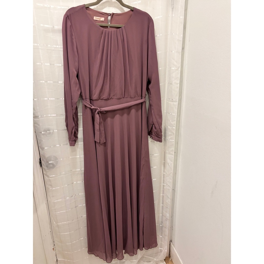 Butik Sare IST Mauve Pleated Maxi Dress Long Sleeve Tie Waist Modest Size 52